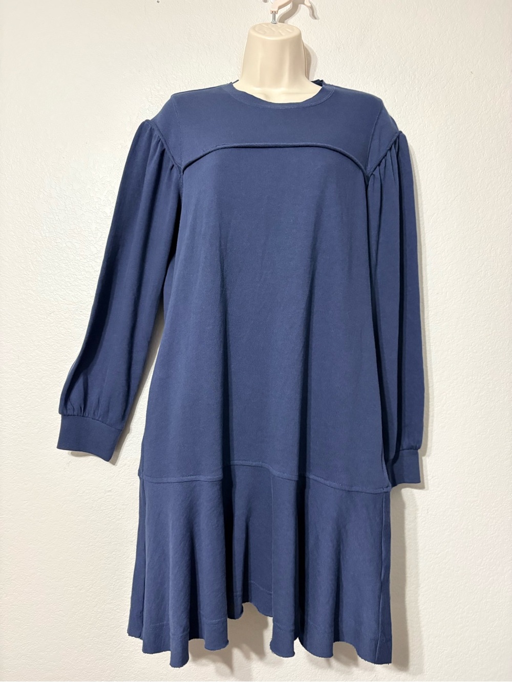 Caslon Long Sleeve Ruffled Drop Waist Sweatshirt Dress Blue Cozy Fall NWT S